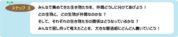 みんなで集めてきた生き物たちを、仲間どうしに分けてあげよう　！どの生物と、どの生物が仲間なのかな　？　そして、それぞれの生き物たちの関係はどうなっているかな　？みんなで話し合って考えたことを、大きな模造紙にどんどん書いていこう　！